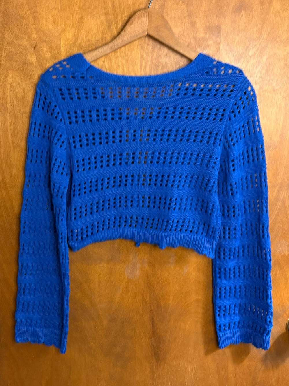 Blue Cropped Open Knit Crochet Tie Front Flyaway Cardigan Sweater Bell Sleeve - Picture 2 of 7